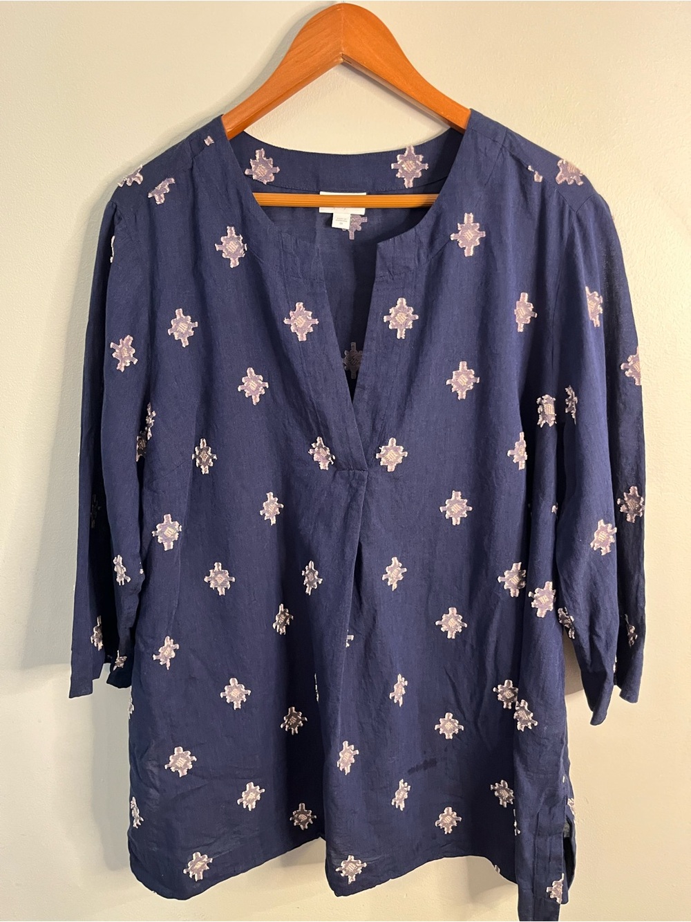 J Jill Pure Hill Women’s Navy Embroidered Woven Cotton Split-Neck Top Size 2X